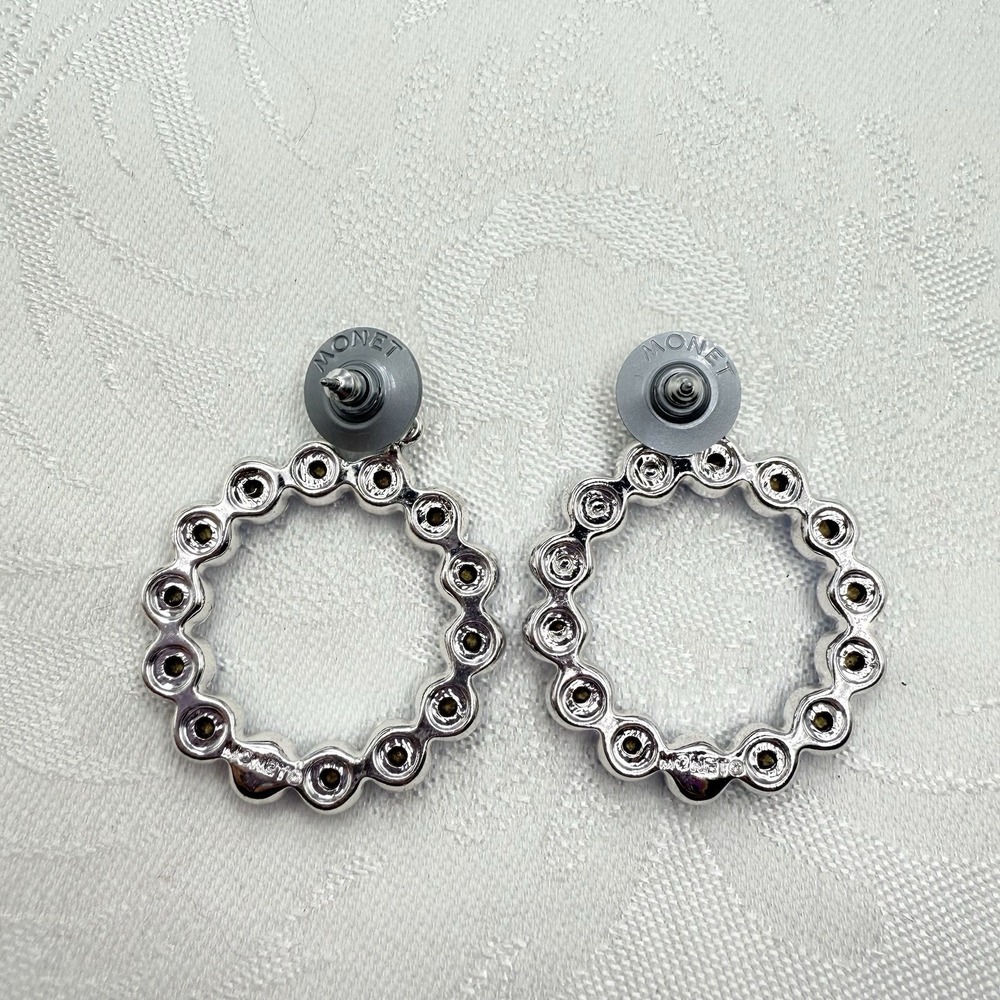 Monet Sapphire Blue Tone Crystal Rhinestone Dangle Stud Circle Hoop Earrings - Picture 2 of 7